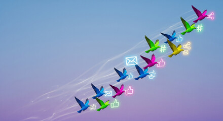 Colorful Birds in Flight Carrying Social Media Icons, Representing the Spread of Digital Communication and Online Engagement Across Platforms