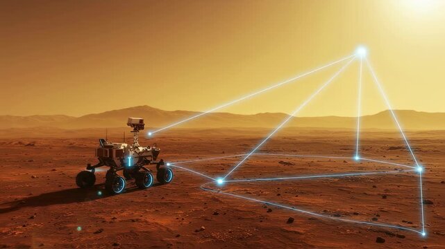 Mars rover on red planet with glowing light network. Search for alien life. Communication and research concept in space.