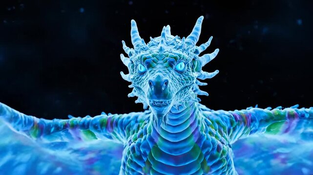 Mysterious ethereal ice dragon emerges from darkness, its glowing blue eyes piercing the void, symbolizing power and ancient magic in a dynamic fantasy encounter.