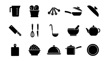 A versatile set of black silhouette icons depicting essential kitchenware and culinary tools
