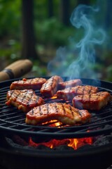 Wild game cooking over an open flame, smoky aroma fills the air Delicious venison, boar, and other hunted meats sizzle on the grill, a feast prepared outdoors , summer, camp