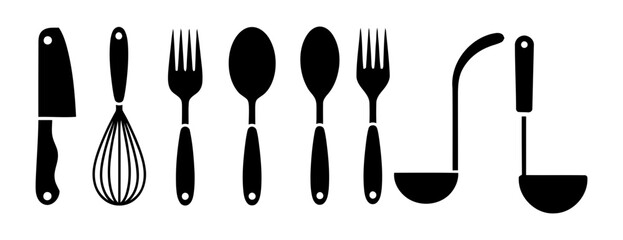 Collection of essential kitchen utensils and cooking tools in sleek black silhouette vector illustration for culinary design