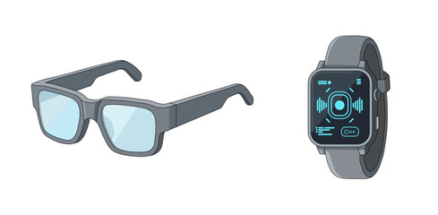 Futuristic smart glasses and smartwatch wearable technology vector illustration