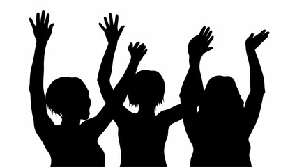 Three silhouettes of people with their arms raised in the air against a white background in black and white