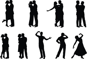 PrintSilhouettes of romantic couples kissing, hugging, dancing, and expressive single dancers in various poses, perfect for love and relationship designs.