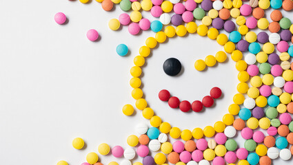 Colorful candies create a cheerful smiley face on white surface