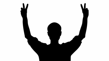 Silhouette of a person raising both arms with hands showing the peace sign in a black and white image