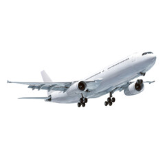 Obraz premium A modern white passenger airplane with its landing gear down, ascending into the sky, isolated on a transparent background, representing air travel and transportation
