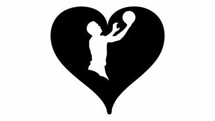 Silhouette of a basketball player shooting a ball inside a black heart shape on a white background image