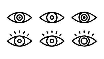 A set of six black eye icons in simple line and solid styles, displayed on a white background. The designs vary: an eye with radiating lines suggesting vision or awareness, basic outlined eyes, filled