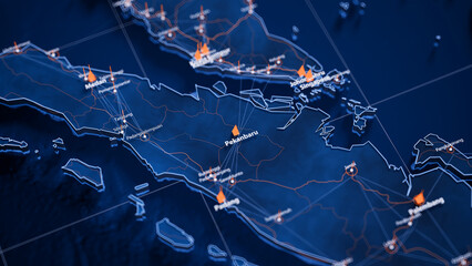 Pekanbaru map big data visualization. Futuristic map infographic of city in Indonesia. Visual map data complexity in modern blue and orange colors
