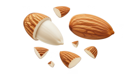 Almond nut whole and sliced pieces isolated on transparent background
