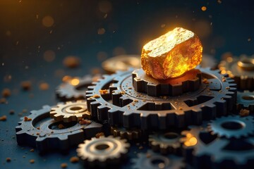 A shimmering golden nugget rests atop a pile of diverse gears and cogs, symbolizing the precious potential of innovative ideas and their complex mechanisms , cogs, metallic, gold nugget