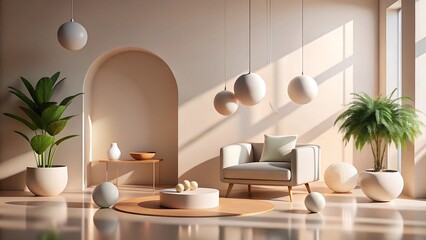 Minimalist living room interior with soft natural light, featuring a comfortable armchair, plants, and decorative spheres