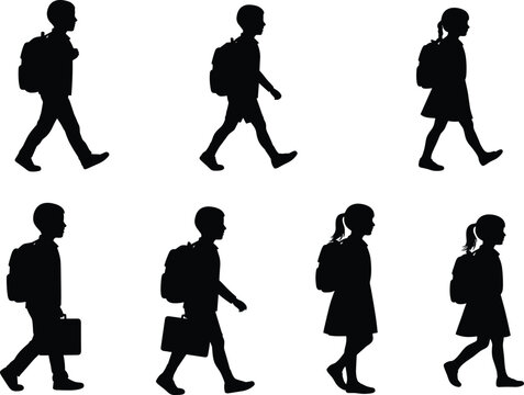 PrintSilhouettes of school children walking with backpacks and briefcases, boys and girls going to school, vector illustration set