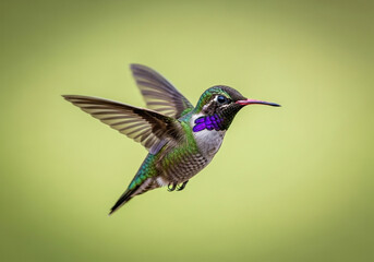 A hummingbird, in flight, is centered in the image