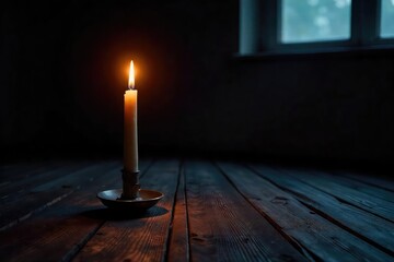 A single candle illuminates a darkened room, casting long shadows on a worn wooden floor; a feeling of peaceful solitude and spiritual reflection , darkness, serenity