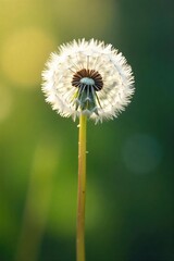 A single, delicate dandelion seedhead poised on a slender stem, ready to take flight, symbolizes hope and new beginnings against a blurred background ,  texture,  seedhead,  meadow