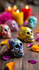 Fototapeta premium Collection of multicolored sugar skulls on altar decorated with bright flowers. Dia de los Muertos