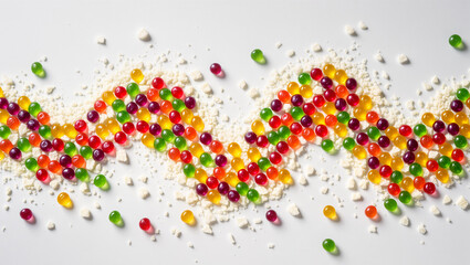 Colorful jelly beans creating a vibrant wave pattern on a surface