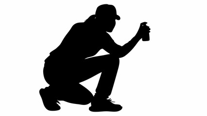 Silhouette of a person crouching and holding a spray can with a cap on their head in a white background