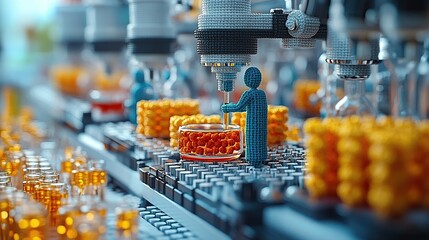 Advanced robotic arm assembling glowing red orange cubes on futuristic circuit board symbolizing artificial intelligence technology automation innovation digital engineering science computing 