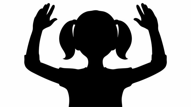 Silhouette of a girl with pigtails raising her hands in the air against a white background portrait view
