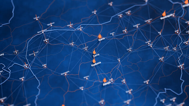 Zaria map big data visualization. Futuristic map infographic of city in Nigeria. Visual map data complexity in modern blue and orange colors