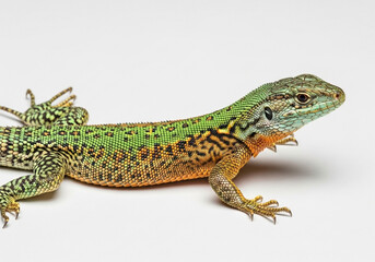 Fototapeta premium A lizard, positioned in the center-left of the image, is captured against a plain, off-white backdrop