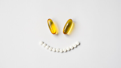 Creating a cheerful face using vitamins and tablets on a white surface