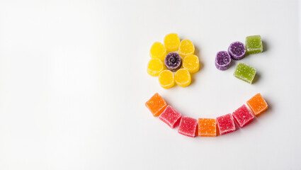 Bright and cheerful candy shapes form a smiley face that brings joy
