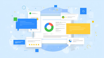 Digital interface with data visualization elements including charts, speech bubbles, and documents on a light blue background