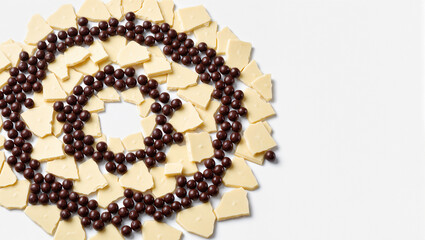 Creative arrangement of chocolate and white cheese on a table