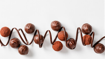 Delicious chocolate truffles arranged artistically on a white surface