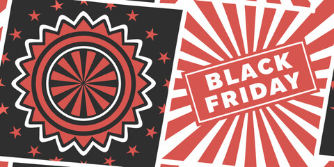 A bold and modern Black Friday sale banner with a dynamic red and black color scheme. The left side features a solid black background with large white text reading BLACK FRIDAY SALE and smaller yellow