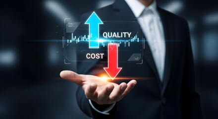 Businessman holding digital interface with quality and cost arrows representing business growth and expense management in a modern corporate setting