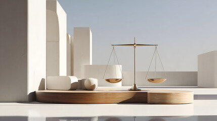 A balance scale sits on a wooden platform with white abstract structures.