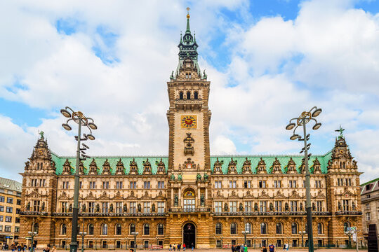 The facade of the famous City Hall at Rathausmarkt in Hamburg, Germany