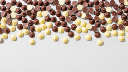 Colorful chocolate chips scattered on a white surface
