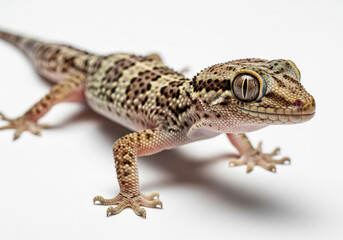 Naklejka premium A small gecko, positioned in the foreground, is the central subject. Its body is a mix of light and dark brown mottled scales