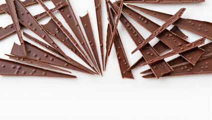 Chocolate shards arranged artfully on a smooth white surface
