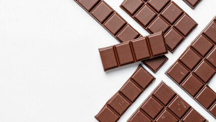 Delicious dark chocolate pieces scattered on a clean surface