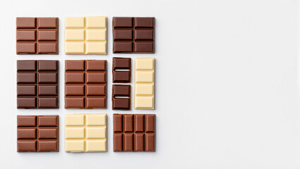 Delightful arrangement of assorted chocolate bars on a white surface