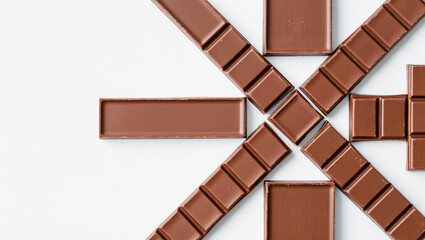 Creative arrangement of chocolate pieces on a white background