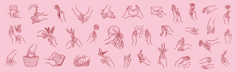Minimalist one line vector illustrations of hands with flowers, nature elements, and feminine symbols. Elegant outline design for modern projects.