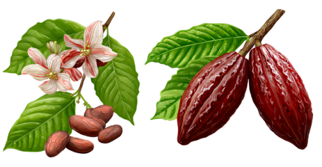 cacao depicted from two different angles with cocoa beans and leaves, transparent background