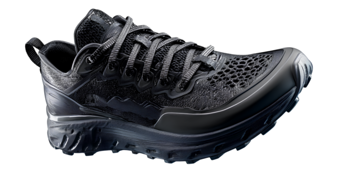 black running shoe, low-top, ultra-high-resolution