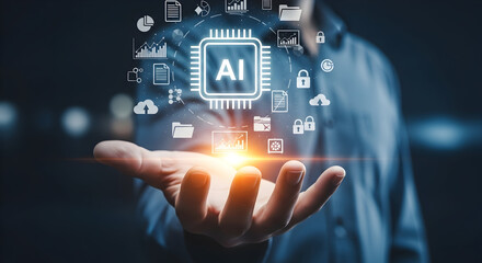 Futuristic AI Technology Concept Image Showing Hand Holding Digital AI Icons and Cloud Data Symbols for Innovation and Digital Transformation