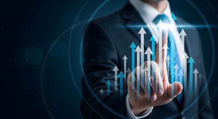 Business professional in suit touching digital upward arrows representing growth success and innovation in a futuristic corporate environment