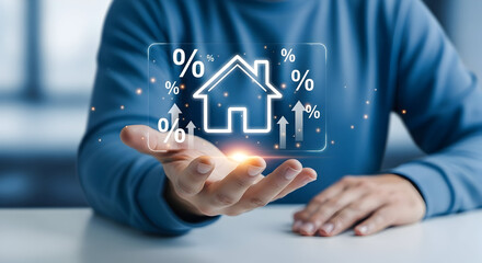 Modern real estate concept with digital house icon and financial growth symbols in a professional setting for marketing and investment purposes